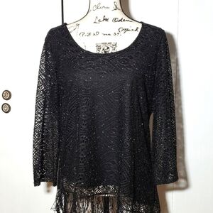 Melissa Paige|Womens Black Shimmer/Metallic Fringe Hem Lace Blouse Top  Sz.XL